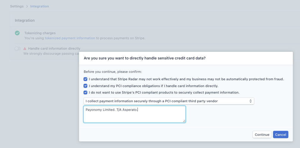 Stripe direct API dialog